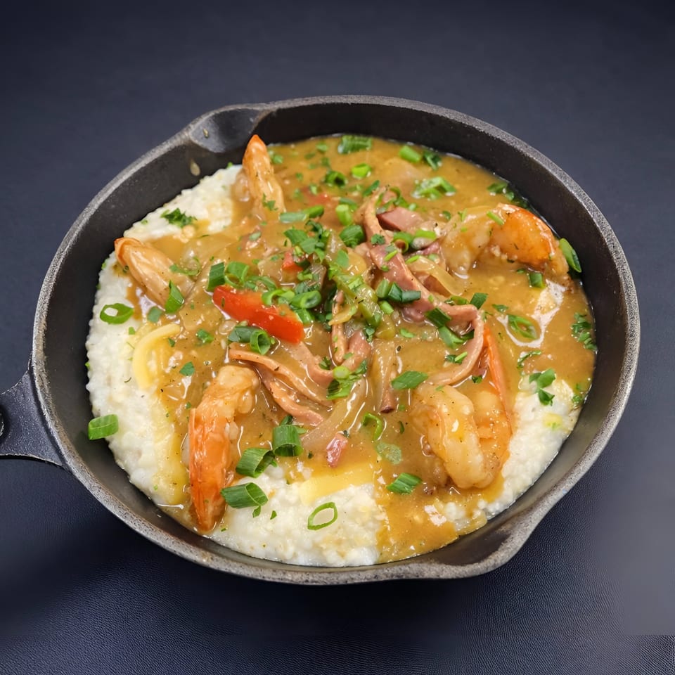 Shrimp and grits with gravy, sausage, peppers, and green onions in a cast iron skillet.