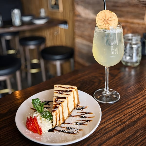 A slice of cheesecake with chocolate drizzle, whipped cream, strawberries, and mint next to a cocktail.